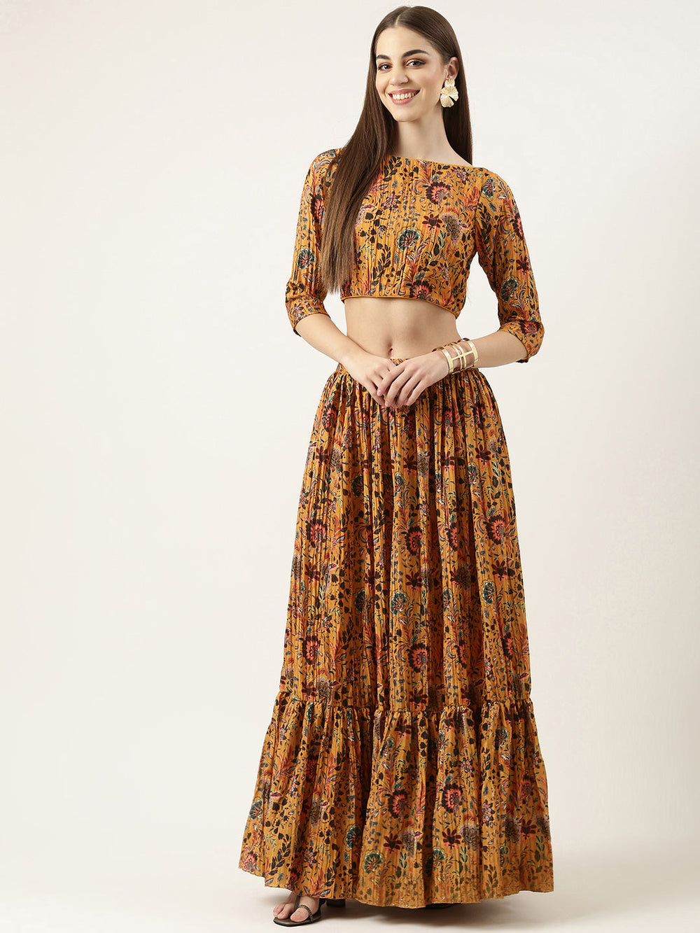 Yellow-Chinon-Foil-Boat-Neck-Printed-Skirt-Set