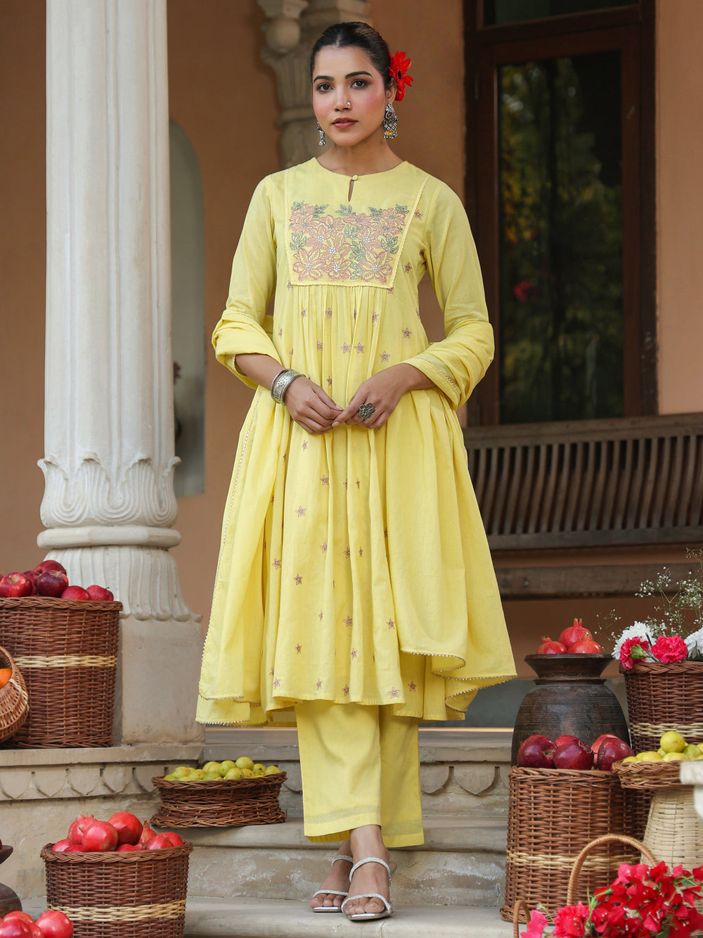 Yellow-Cotton-A-Line-Embroidered-3-Piece-Kurta-Set
