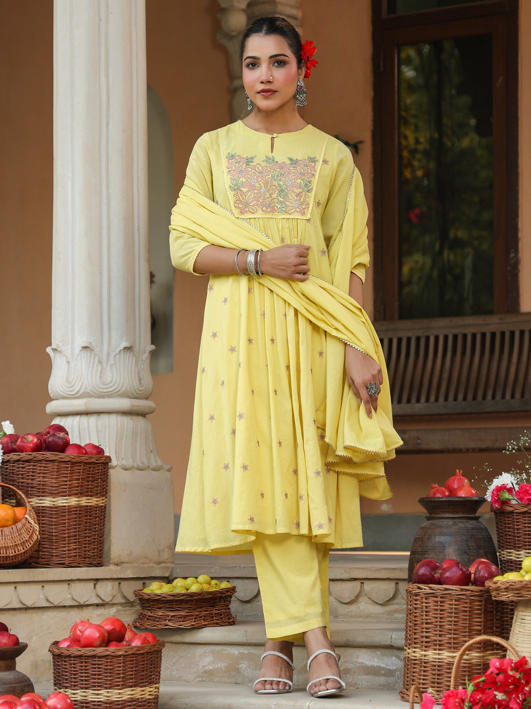 Yellow-Cotton-A-Line-Embroidered-3-Piece-Kurta-Set