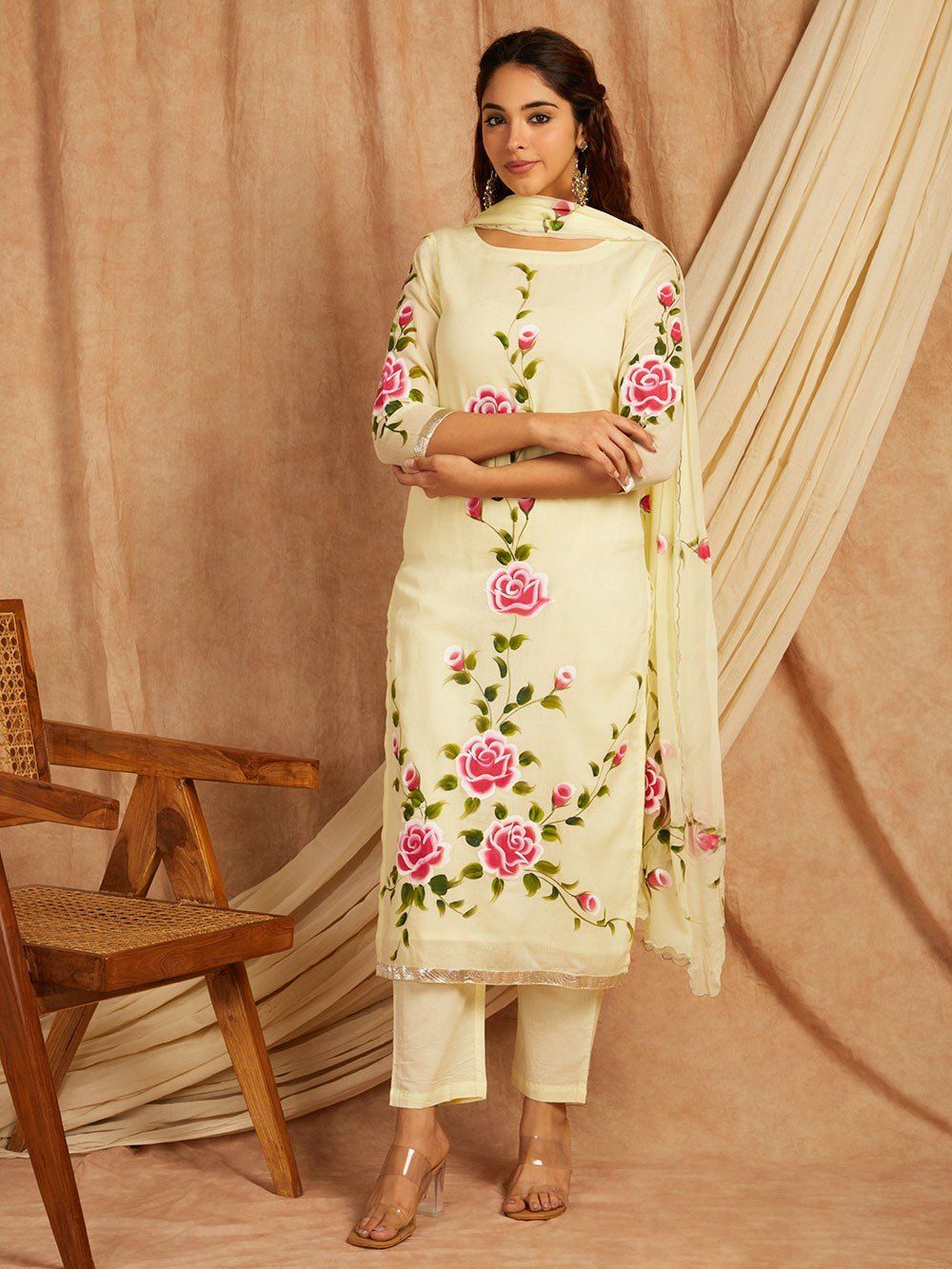 Yellow-Cotton-Hand-Painted-3-Piece-Kurta-Set