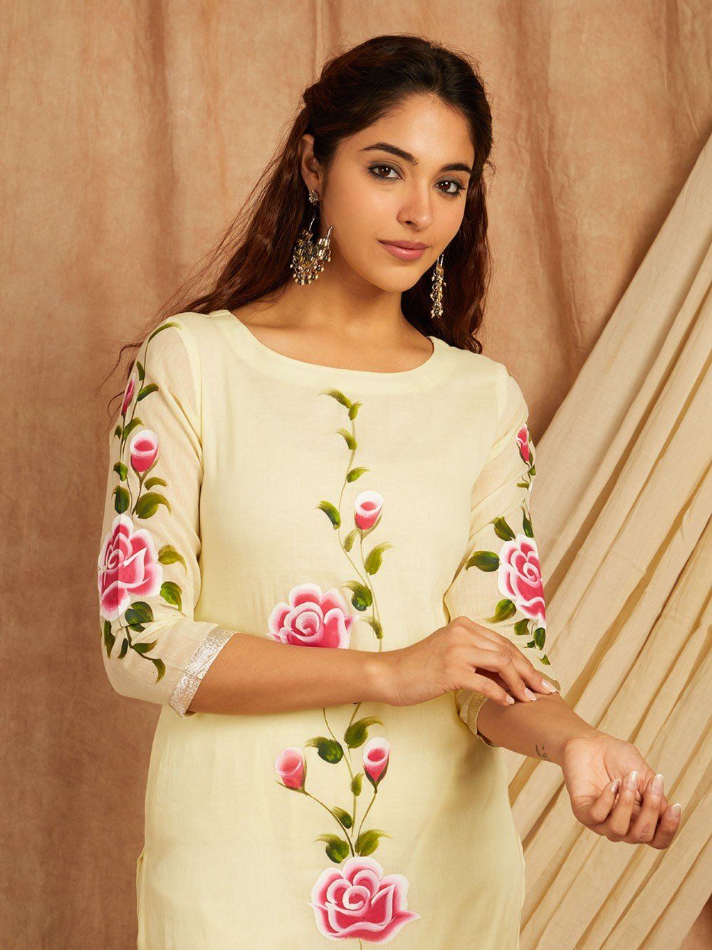 Yellow-Cotton-Hand-Painted-3-Piece-Kurta-Set