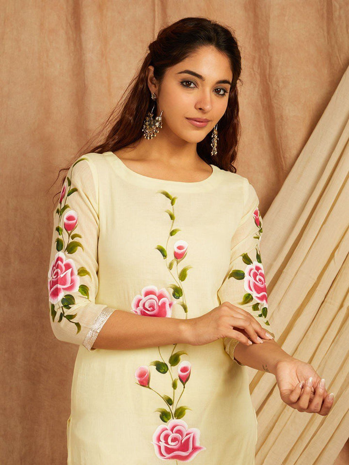 Yellow-Cotton-Hand-Painted-3-Piece-Kurta-Set