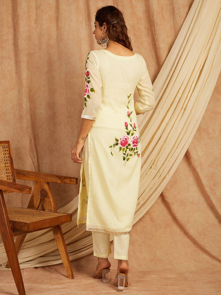 Yellow-Cotton-Hand-Painted-3-Piece-Kurta-Set