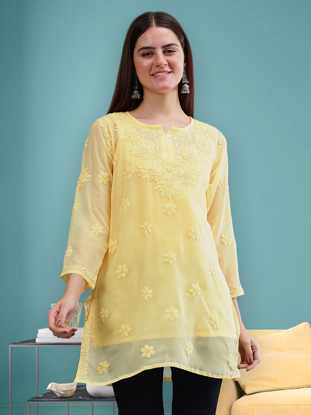 Yellow-Georgette-Chikankari-Short-Tunic-with-Slip