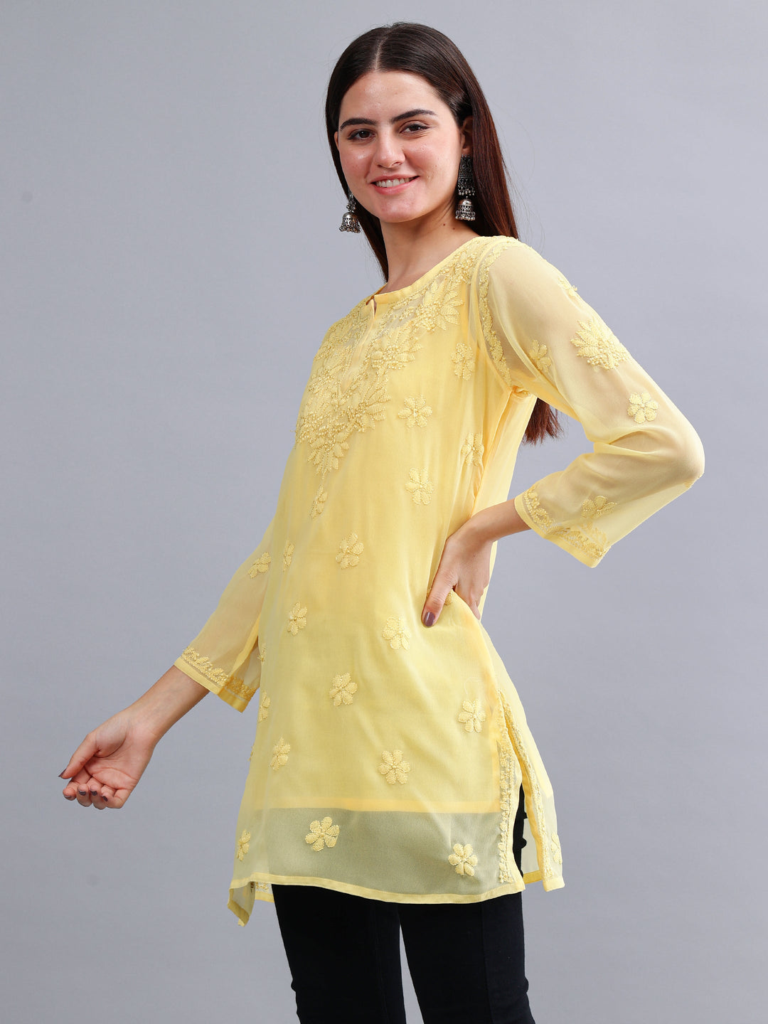 Yellow-Georgette-Chikankari-Short-Tunic-with-Slip