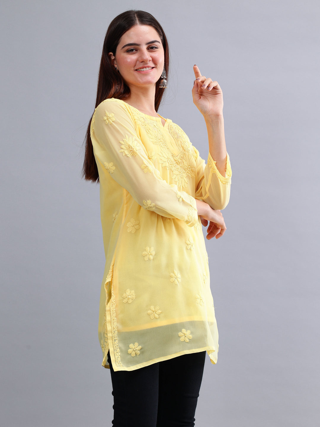 Yellow-Georgette-Chikankari-Short-Tunic-with-Slip