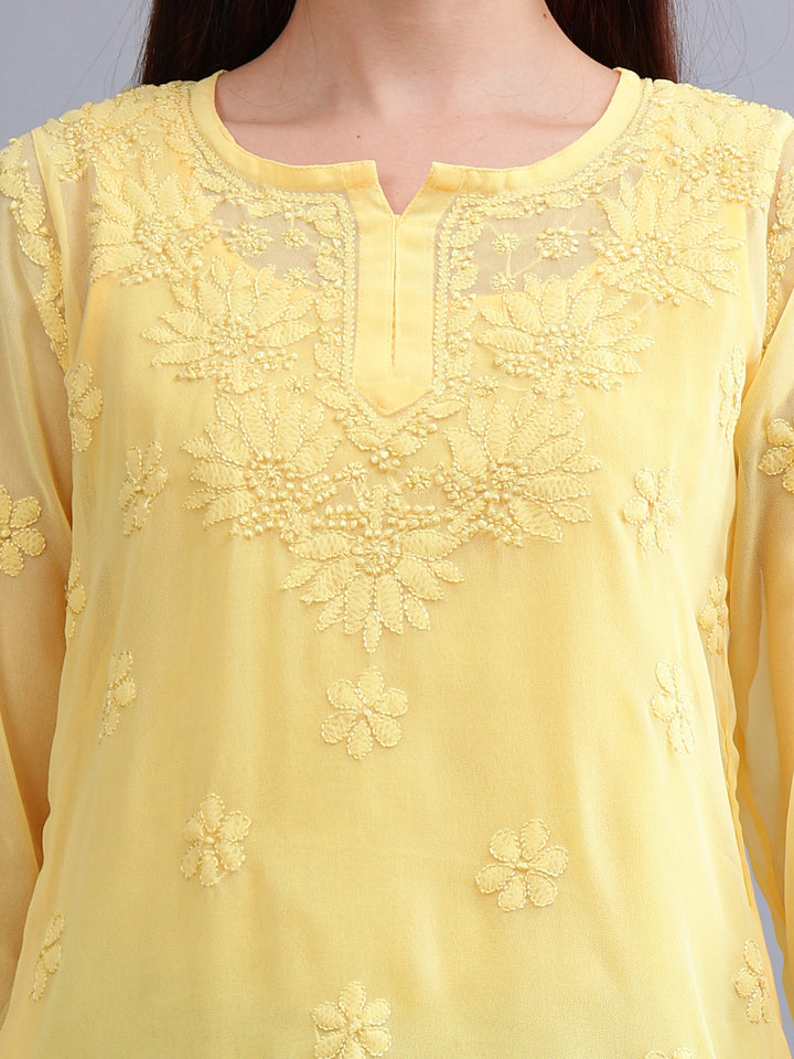 Yellow-Georgette-Chikankari-Short-Tunic-with-Slip