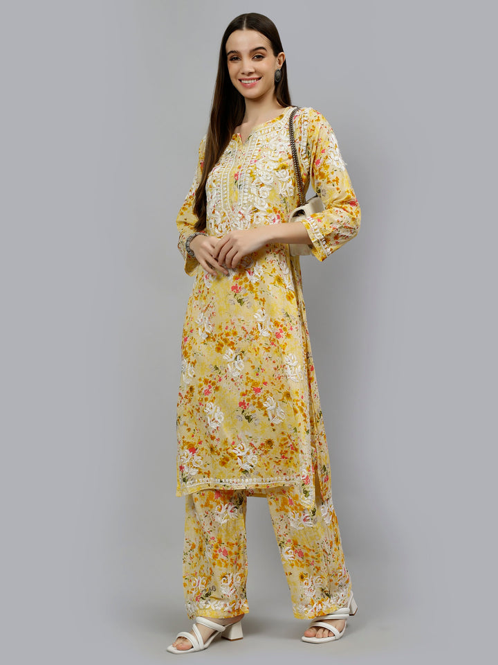 Yellow-Mulmul-Embroidered-Chikankari-Kurta-&-Palazzo-Set