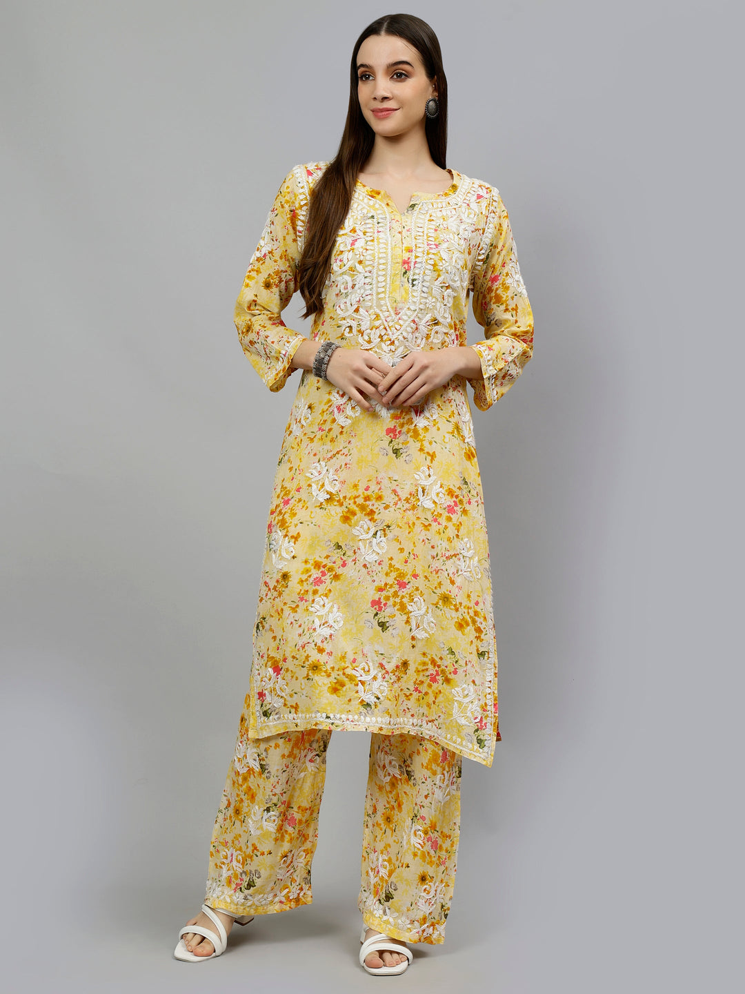 Yellow-Mulmul-Embroidered-Chikankari-Kurta-&-Palazzo-Set
