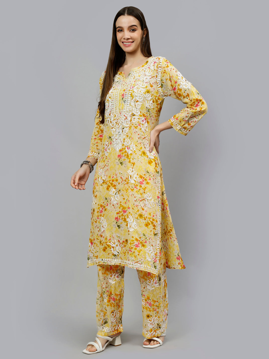 Yellow-Mulmul-Embroidered-Chikankari-Kurta-&-Palazzo-Set