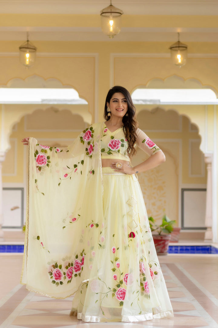Yellow-Organza-Brush-Print-Short-Sleeves-Lehenga-Set