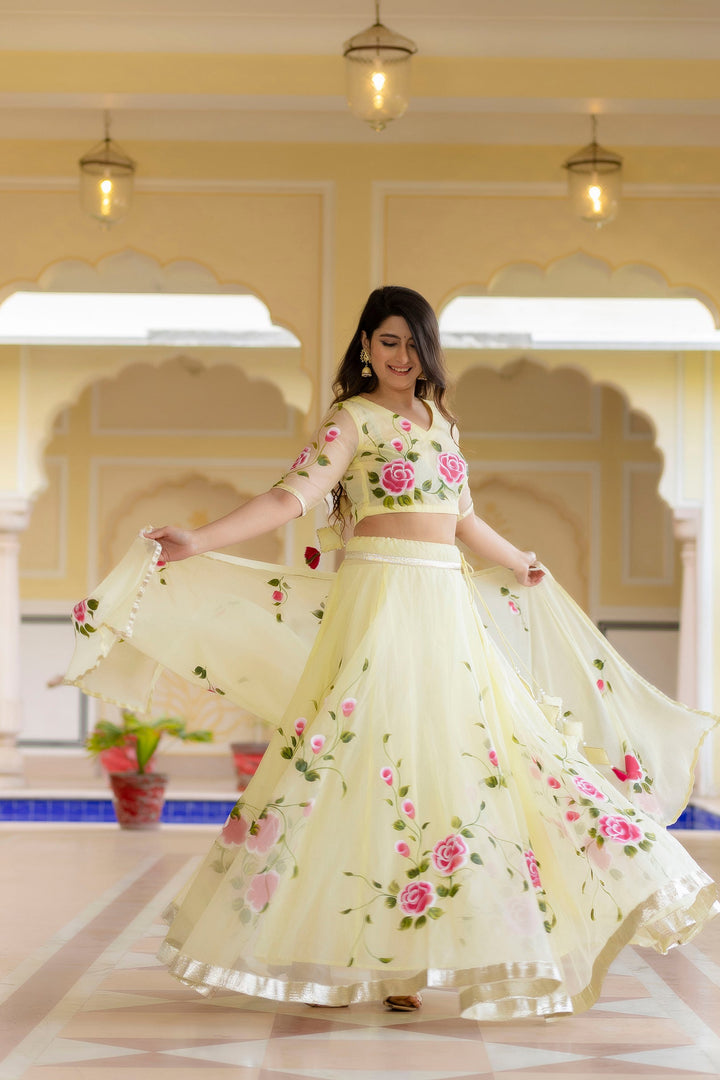 Yellow-Organza-Brush-Print-Short-Sleeves-Lehenga-Set