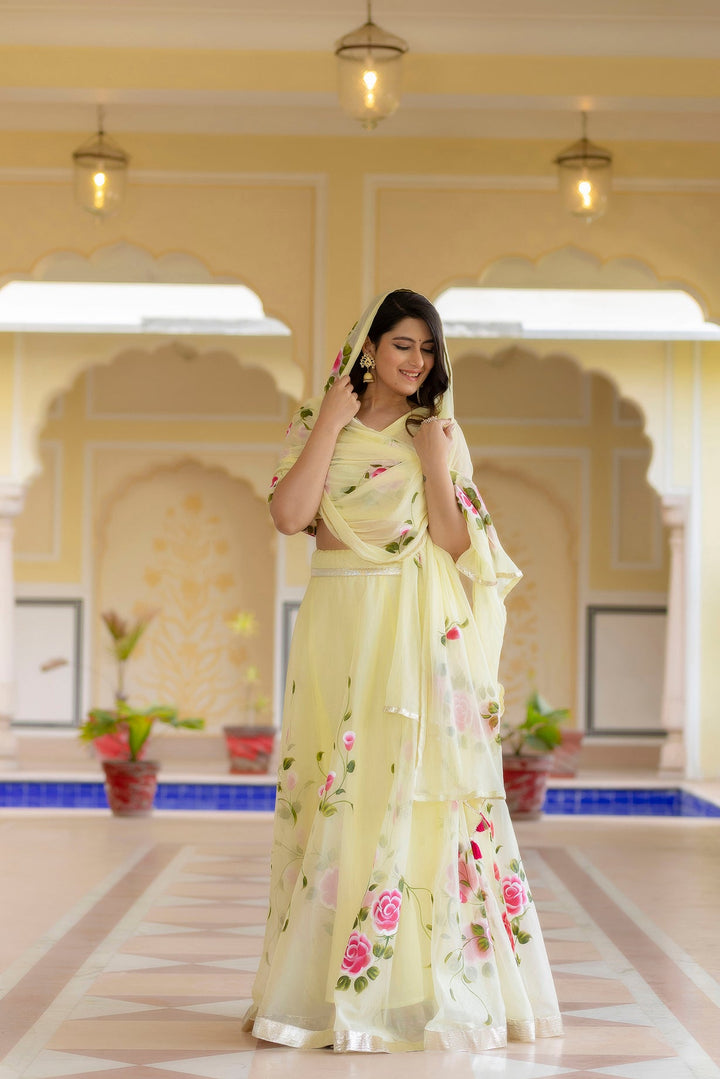 Yellow-Organza-Brush-Print-Short-Sleeves-Lehenga-Set