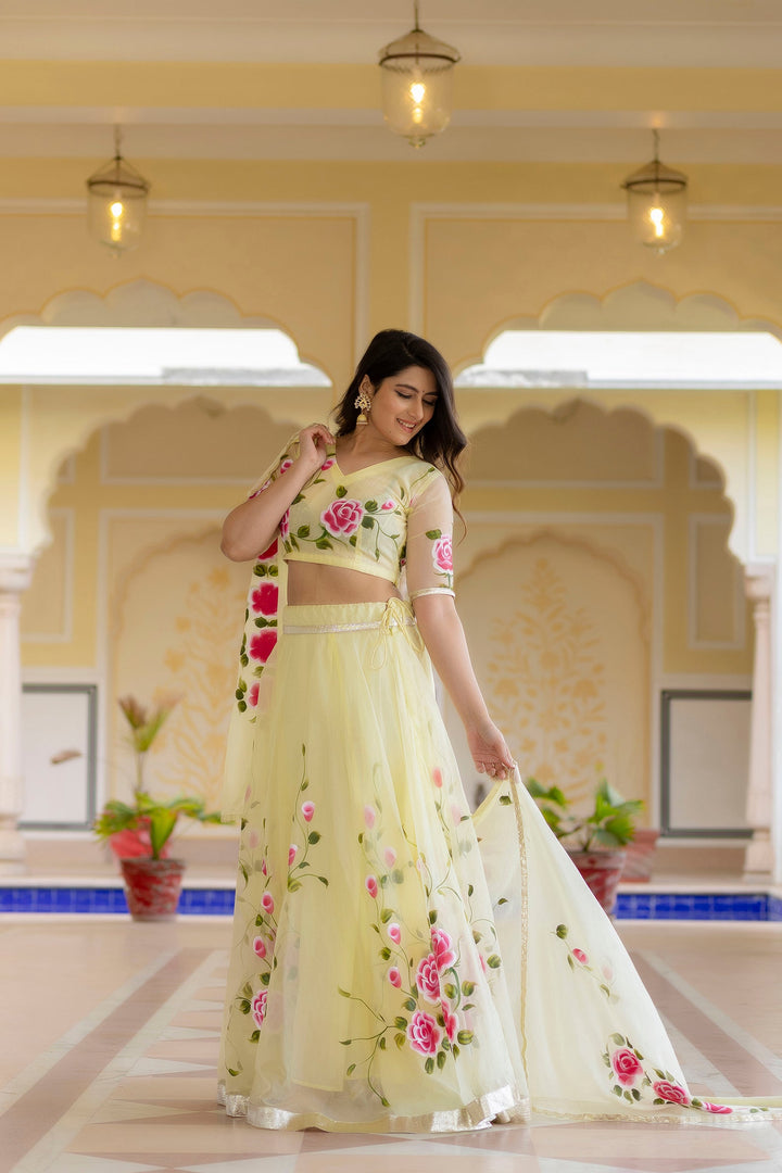 Yellow-Organza-Brush-Print-Short-Sleeves-Lehenga-Set