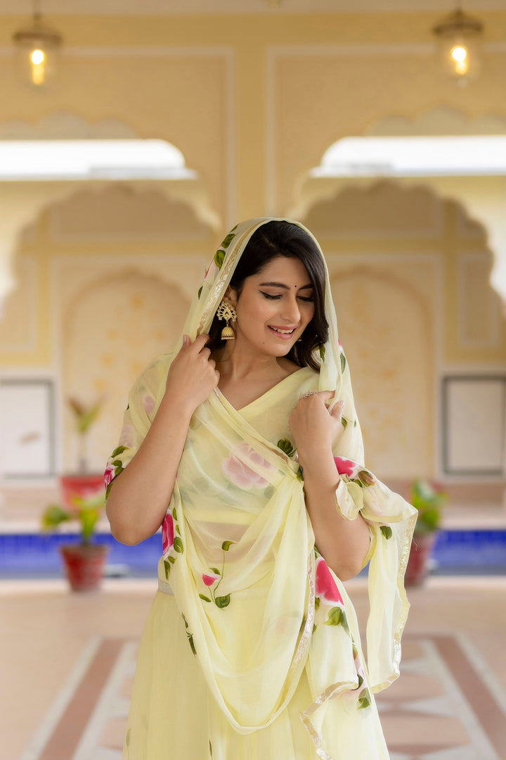 Yellow-Organza-Brush-Print-Short-Sleeves-Lehenga-Set
