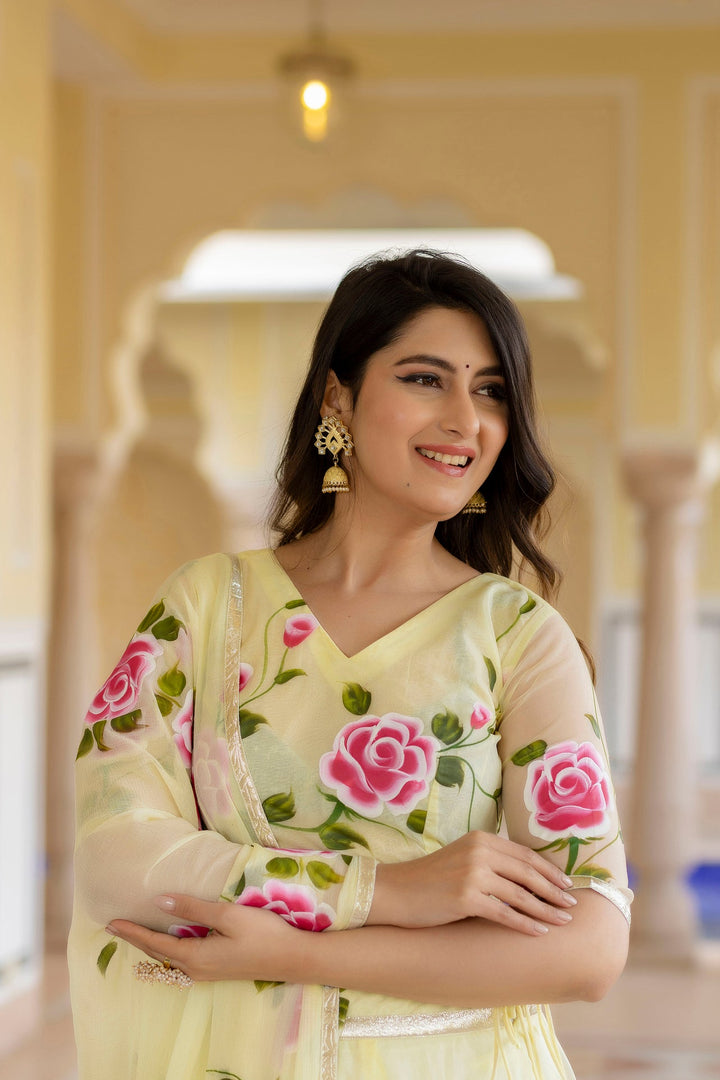 Yellow-Organza-Brush-Print-Short-Sleeves-Lehenga-Set