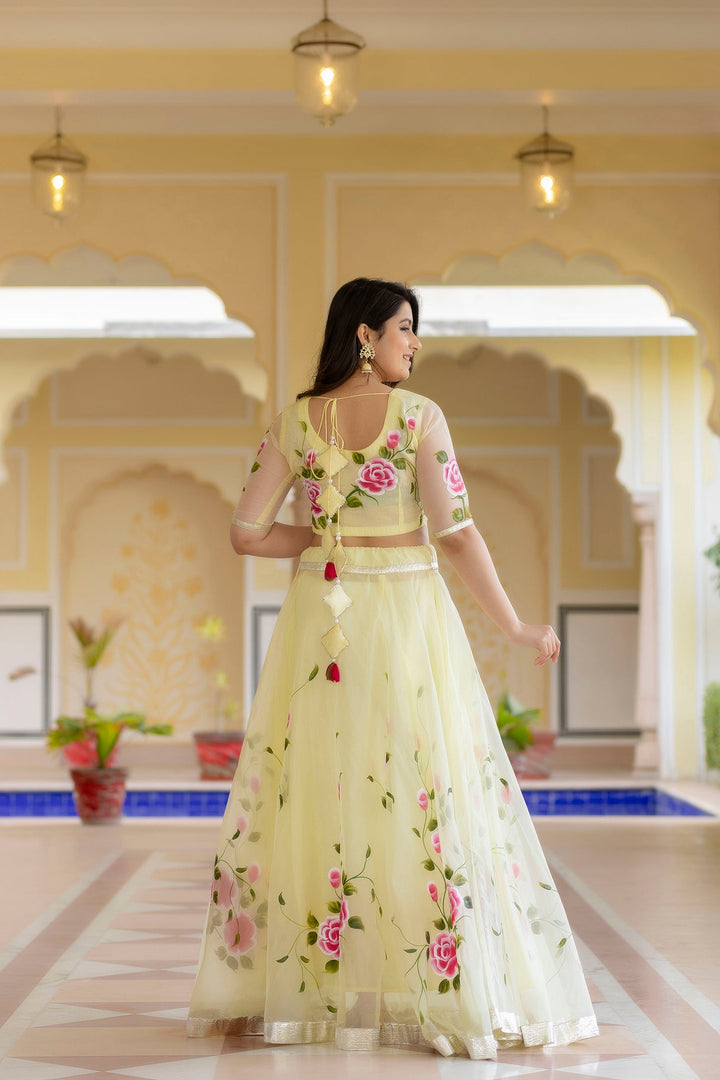 Yellow-Organza-Brush-Print-Short-Sleeves-Lehenga-Set
