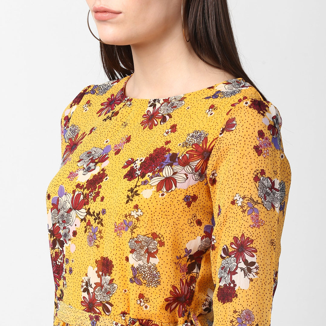 Yellow-Polyester-Floral-Chiffon-Dress-with-Belt