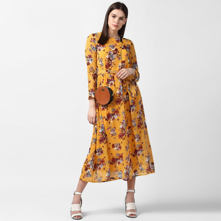 Yellow-Polyester-Floral-Chiffon-Dress-with-Belt
