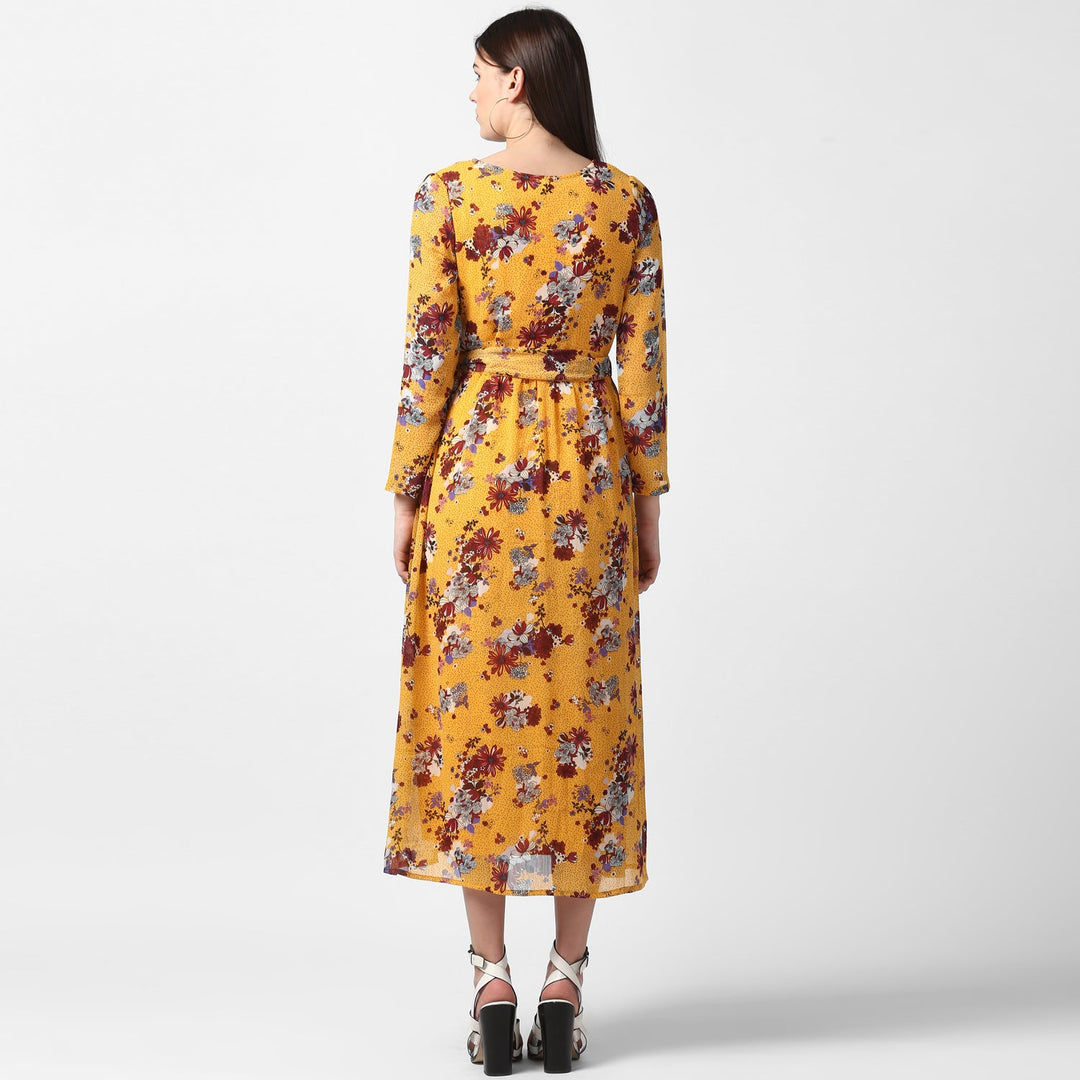 Yellow-Polyester-Floral-Chiffon-Dress-with-Belt