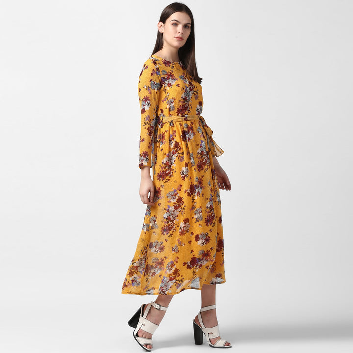 Yellow-Polyester-Floral-Chiffon-Dress-with-Belt