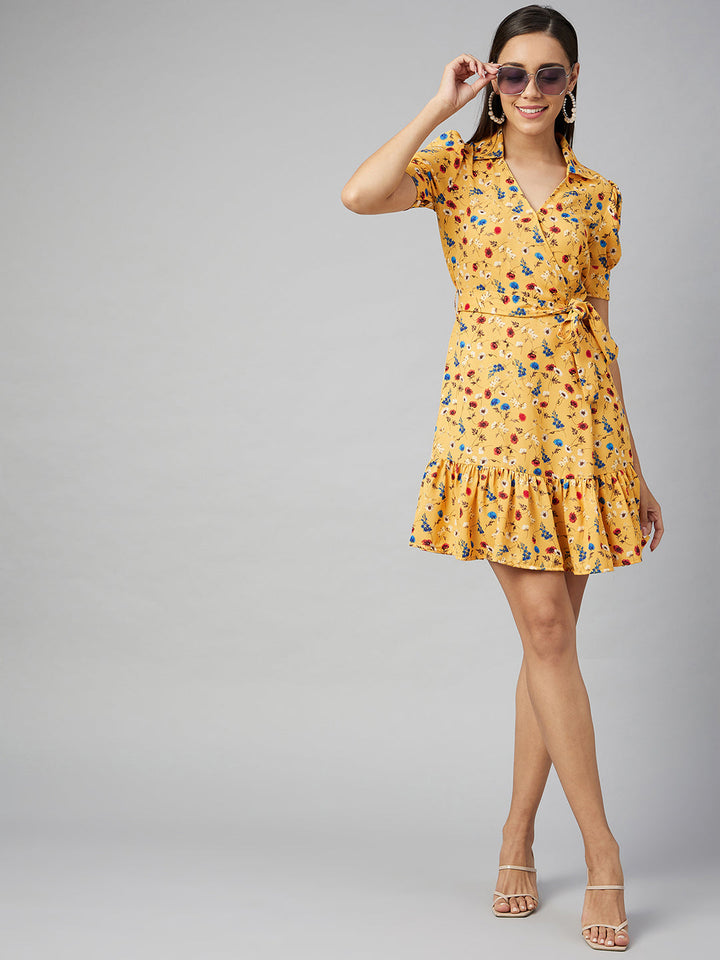 Yellow-Polyester-Floral-Overlap-Dress