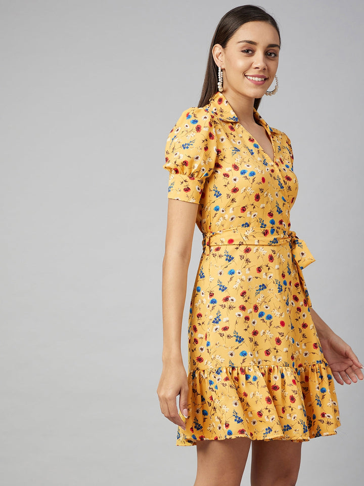 Yellow-Polyester-Floral-Overlap-Dress