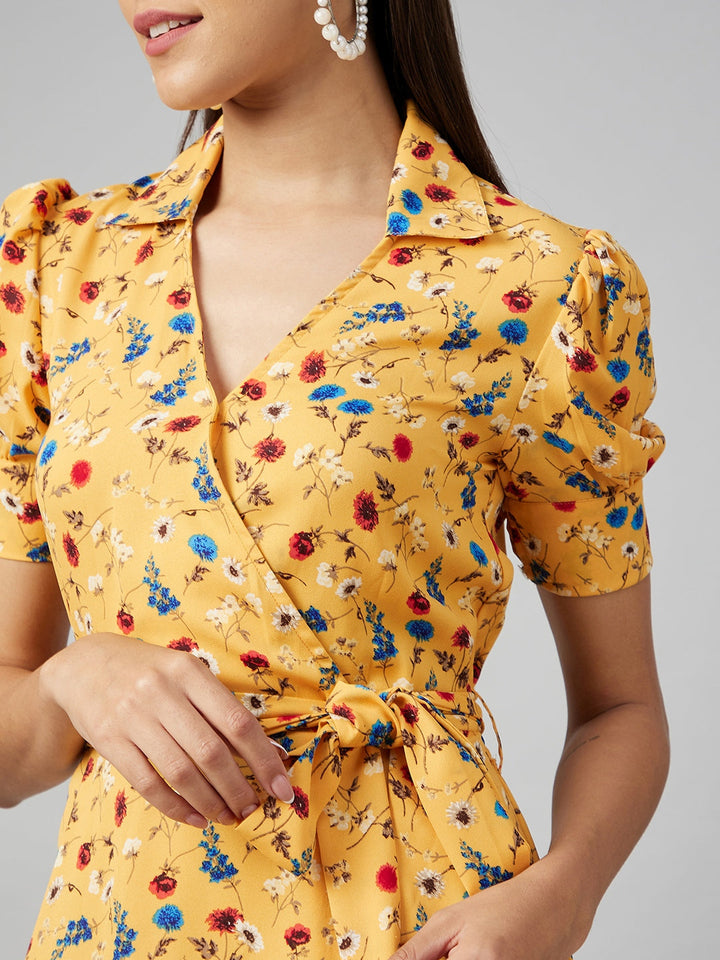 Yellow-Polyester-Floral-Overlap-Dress