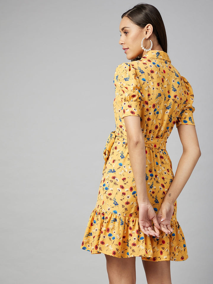 Yellow-Polyester-Floral-Overlap-Dress
