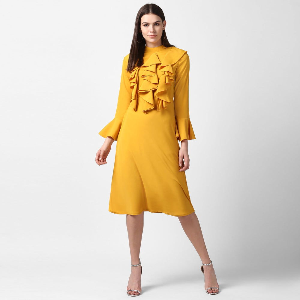 Yellow-Polyester-Front-Ruffle-Bell-Sleeve-Dress