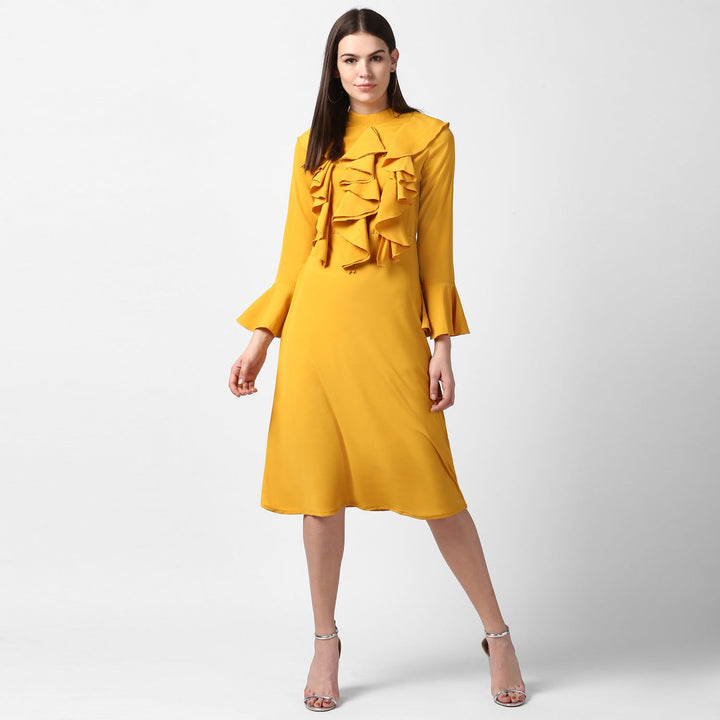 Yellow-Polyester-Front-Ruffle-Bell-Sleeve-Dress