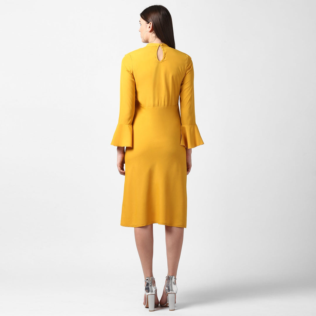 Yellow-Polyester-Front-Ruffle-Bell-Sleeve-Dress