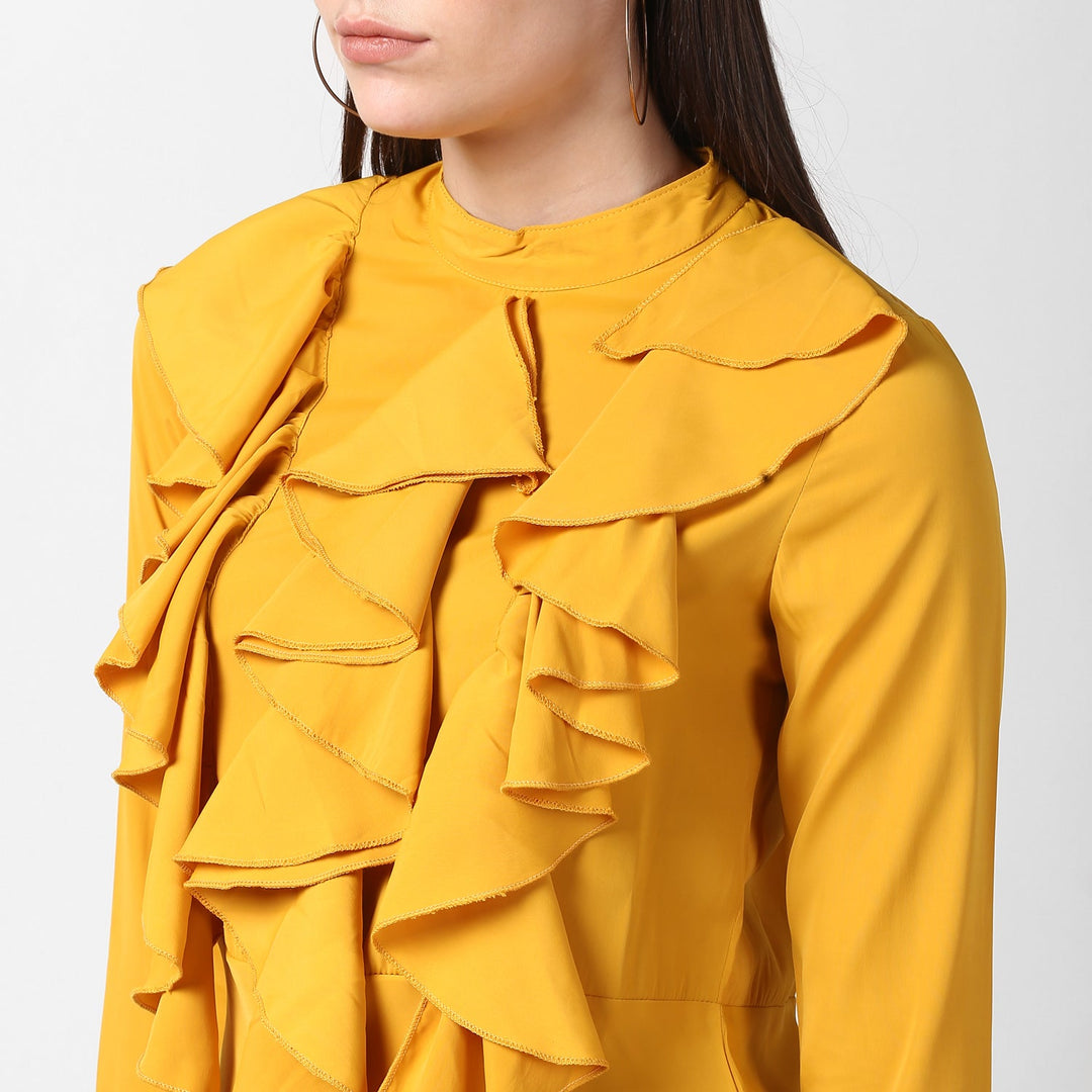 Yellow-Polyester-Front-Ruffle-Bell-Sleeve-Dress