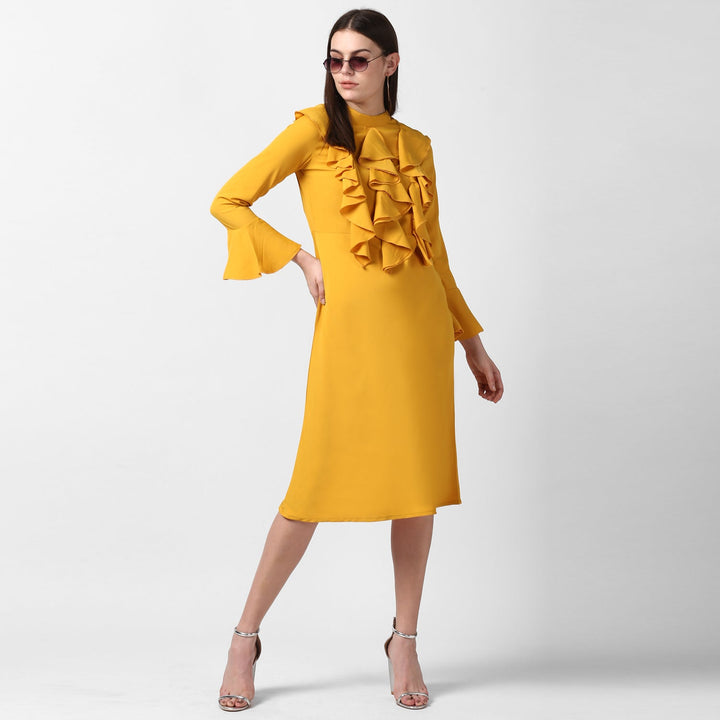 Yellow-Polyester-Front-Ruffle-Bell-Sleeve-Dress