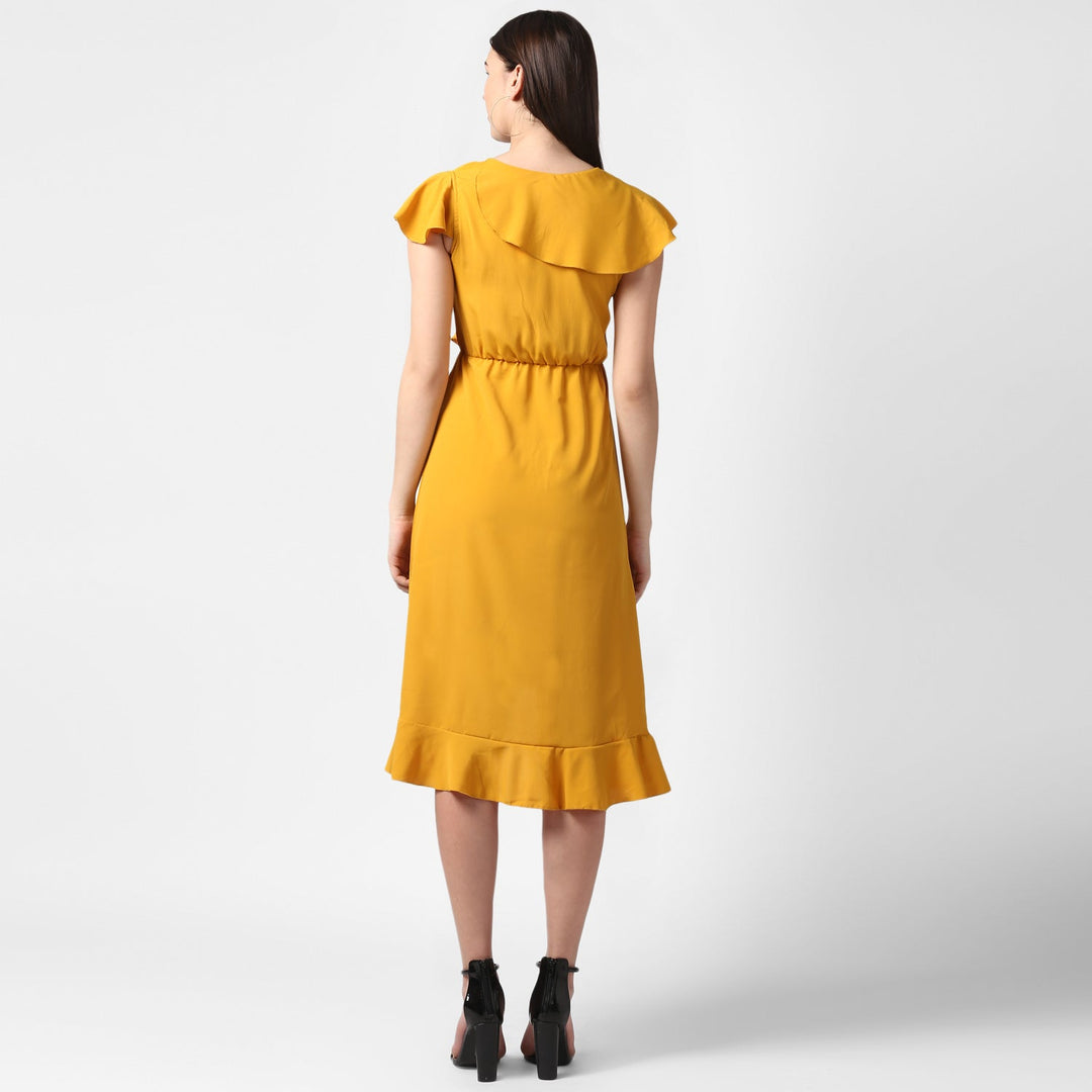 Yellow-Polyester-Front-Ruffle-Dress