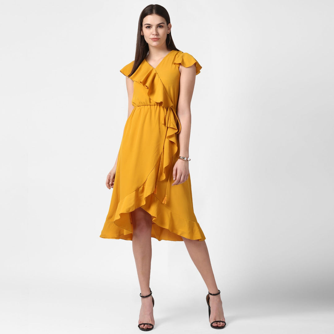 Yellow-Polyester-Front-Ruffle-Dress