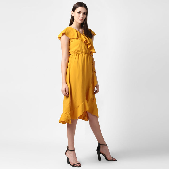 Yellow-Polyester-Front-Ruffle-Dress