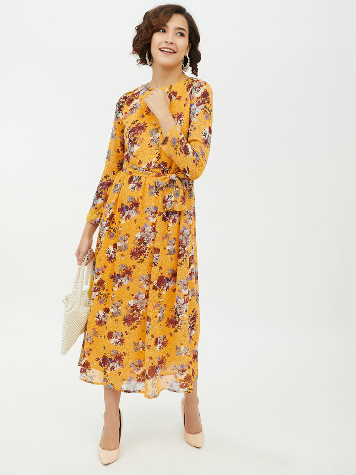 Yellow-Polyester-Printed-Floral-Long-Dress