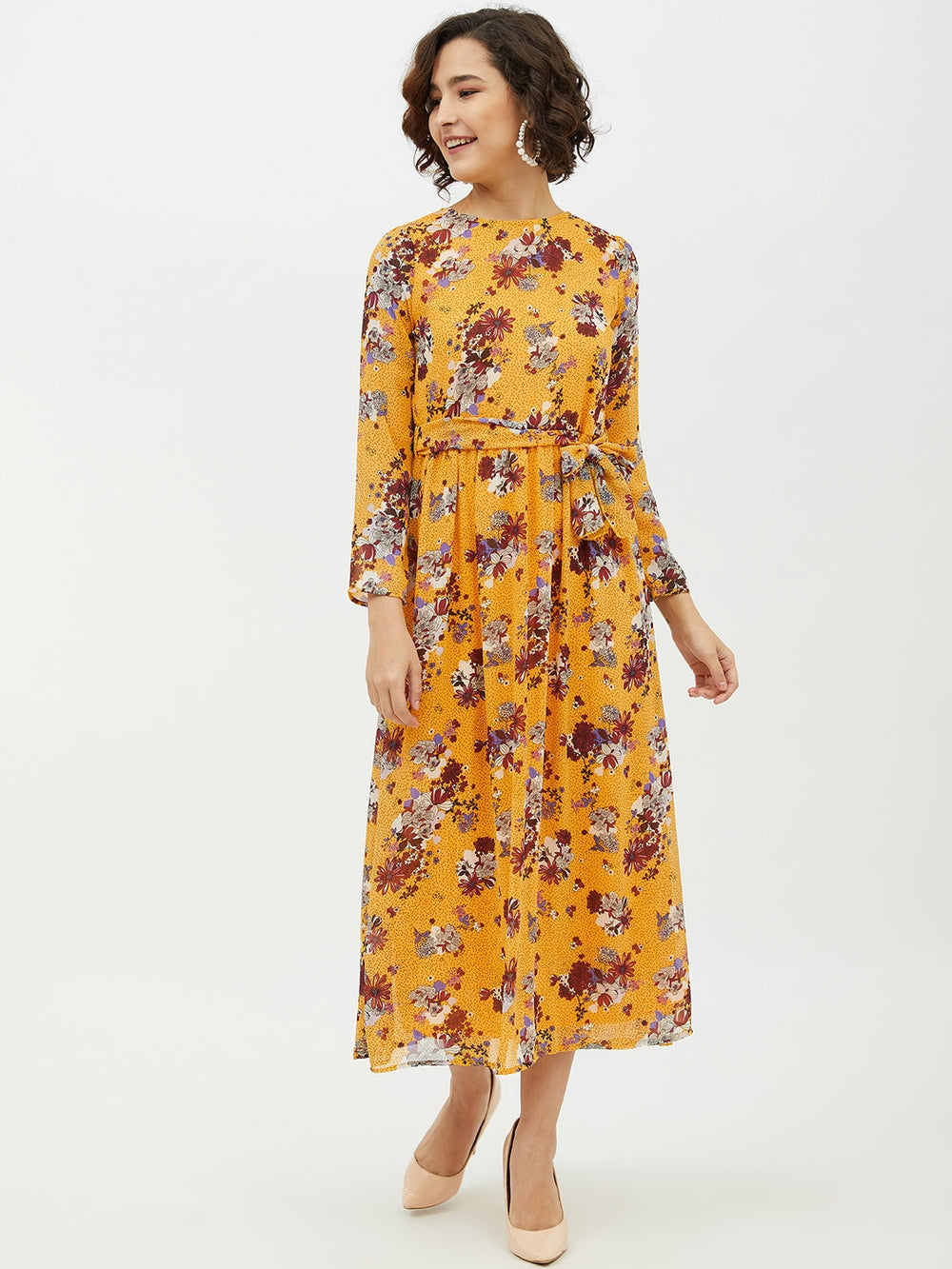 Yellow-Polyester-Printed-Floral-Long-Dress