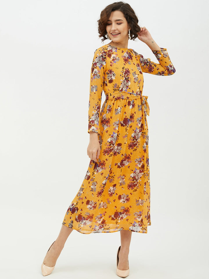 Yellow-Polyester-Printed-Floral-Long-Dress