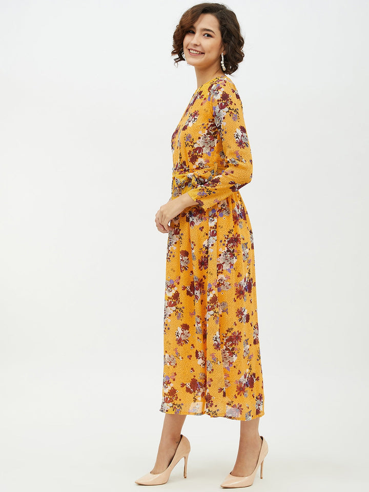 Yellow-Polyester-Printed-Floral-Long-Dress
