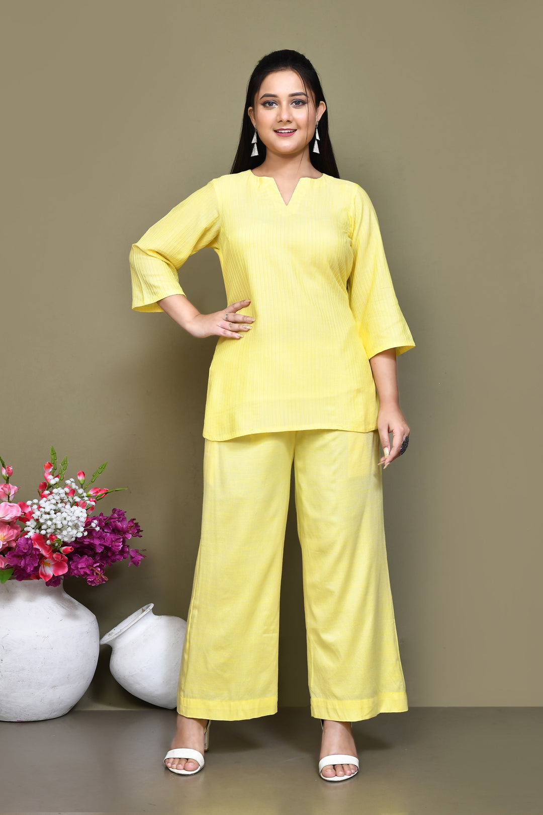 ZERESOUQ-Yellow-Pure-Cotton-Solid-Co-ord-Set