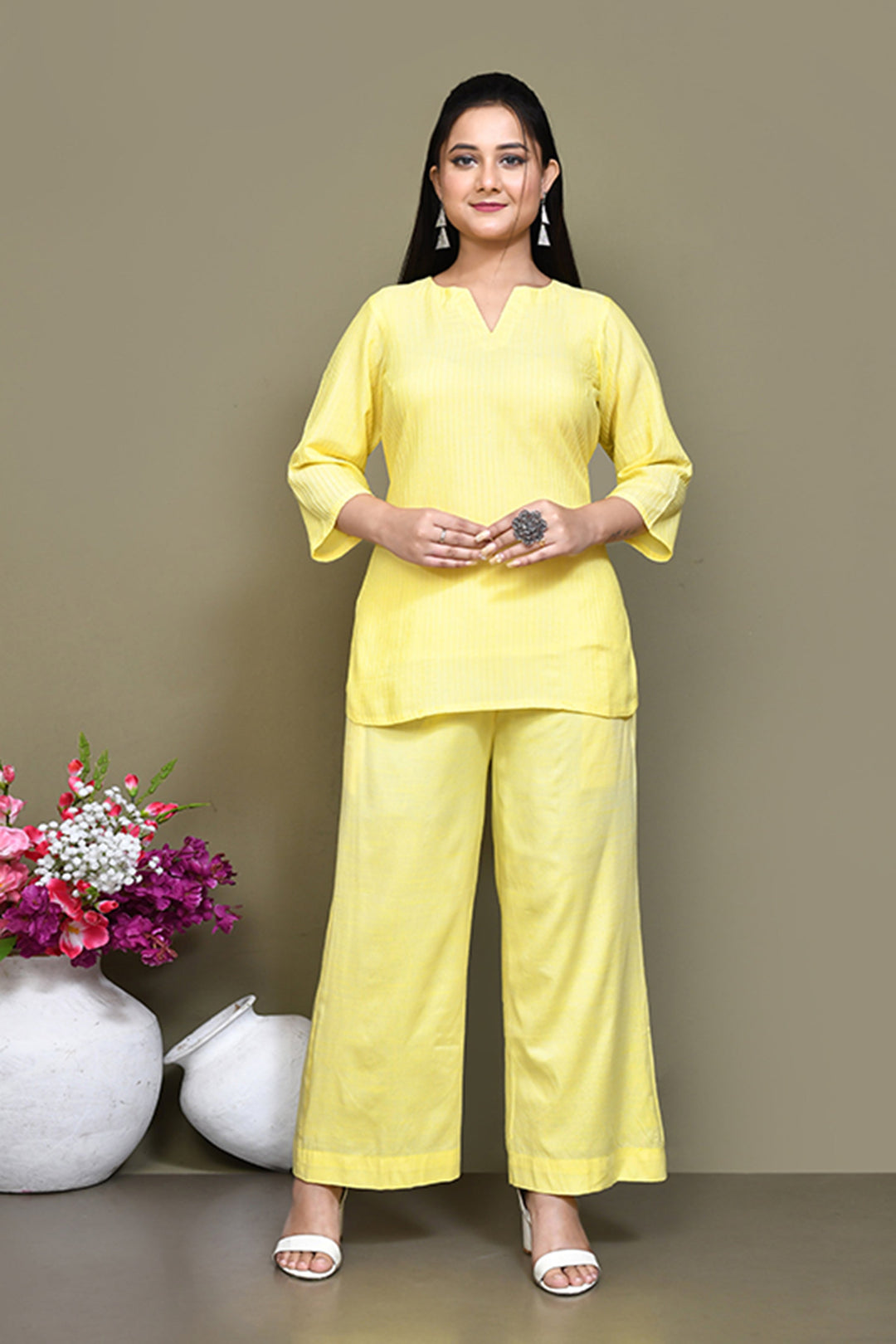 ZERESOUQ-Yellow-Pure-Cotton-Solid-Co-ord-Set