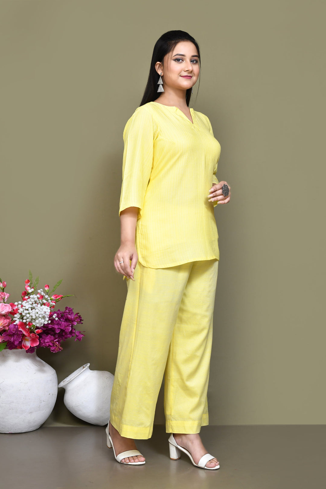 ZERESOUQ-Yellow-Pure-Cotton-Solid-Co-ord-Set