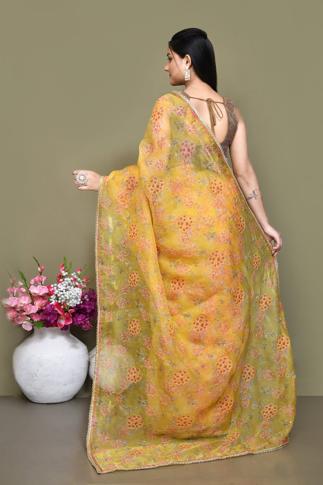 Yellow-Pure-Organza-Floral-Print-Embroidered-Saree