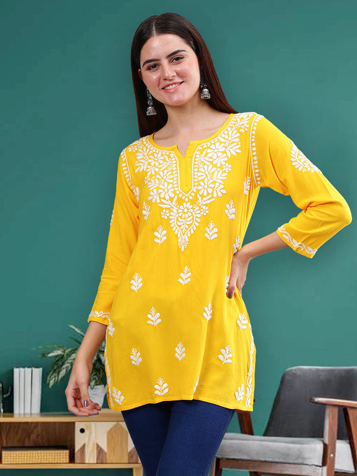 Yellow-Rayon-Embroidered-Chikankari-Short-Tunic