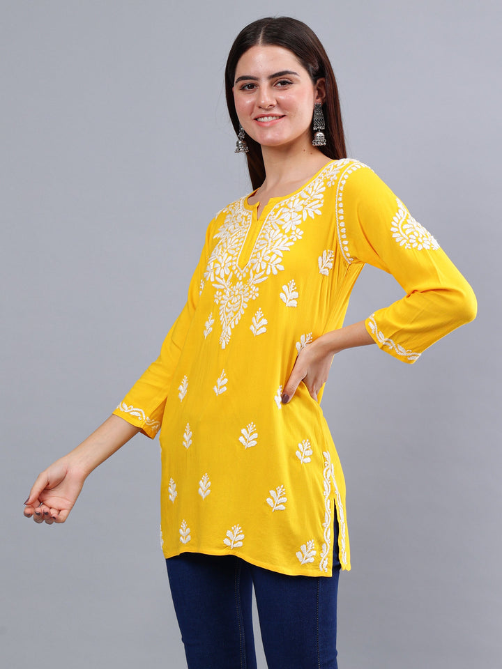 Yellow-Rayon-Embroidered-Chikankari-Short-Tunic
