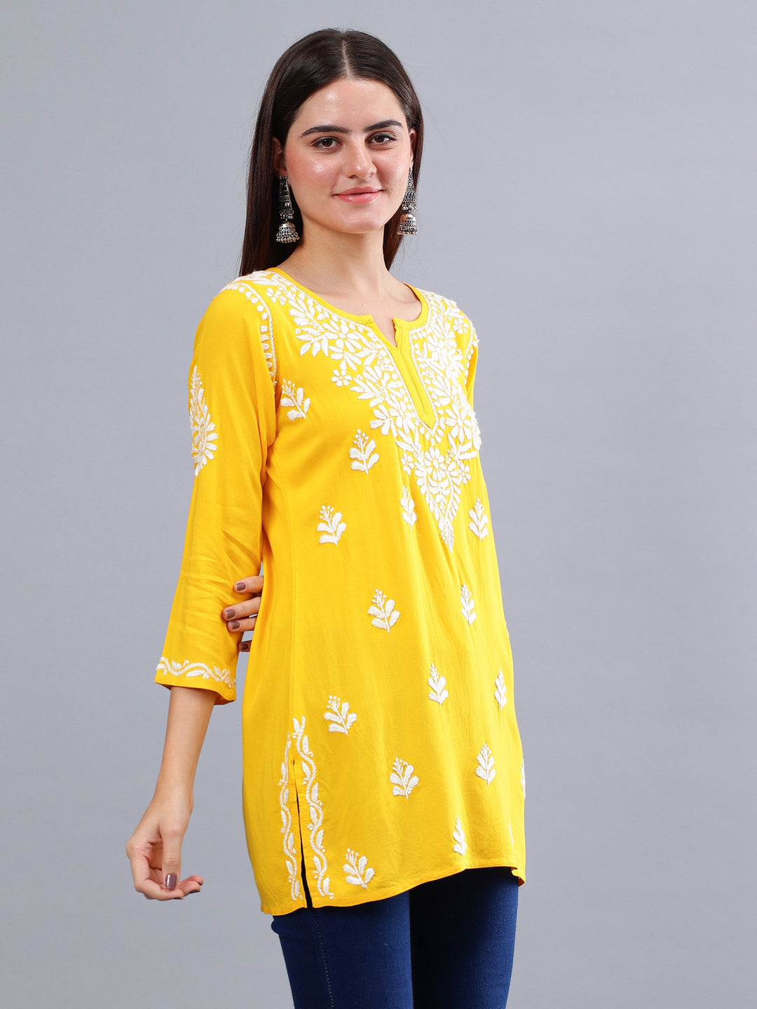 Yellow-Rayon-Embroidered-Chikankari-Short-Tunic