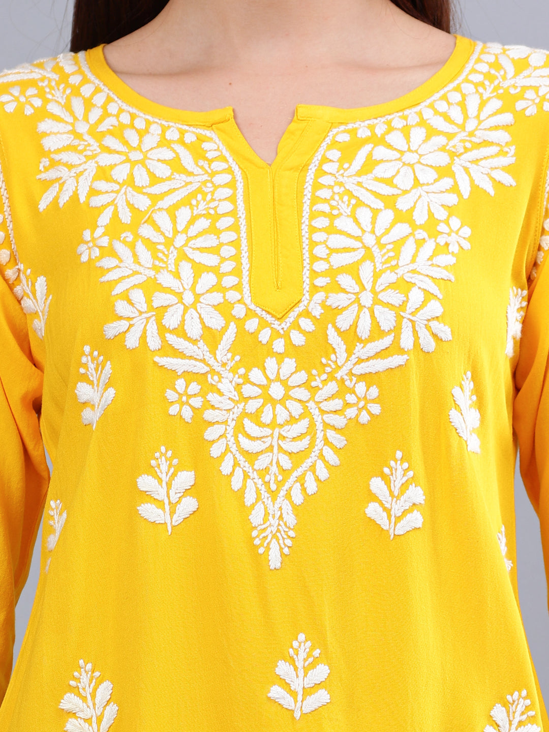 Yellow-Rayon-Embroidered-Chikankari-Short-Tunic