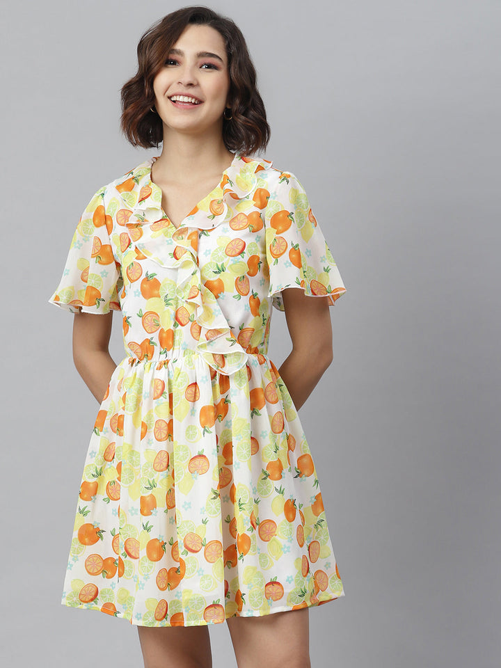 Yellow-&-Orange-Polyester-Fruit-Print-Dress-With-Ruffle